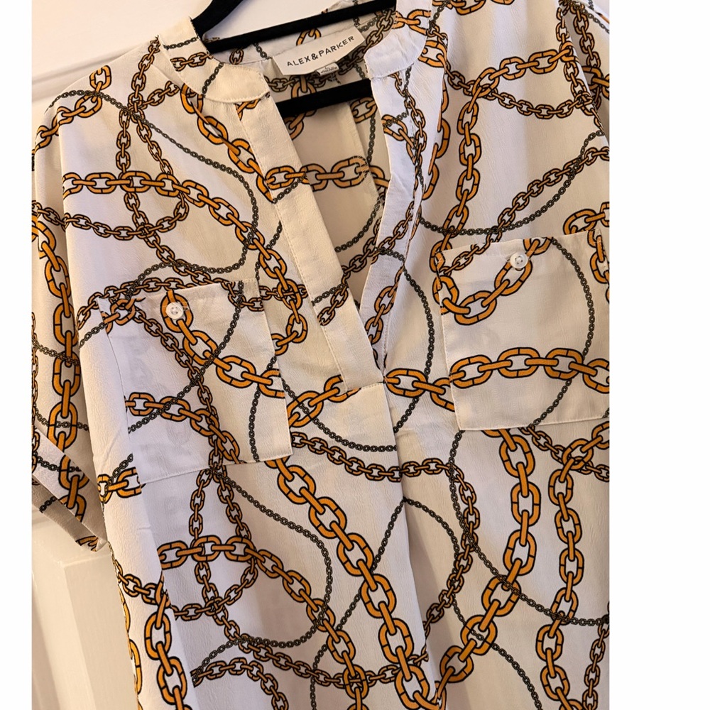 Luxe White with Gold Chain Link Print Henley Style Woven Pocket Blouse - Picture 3 of 4